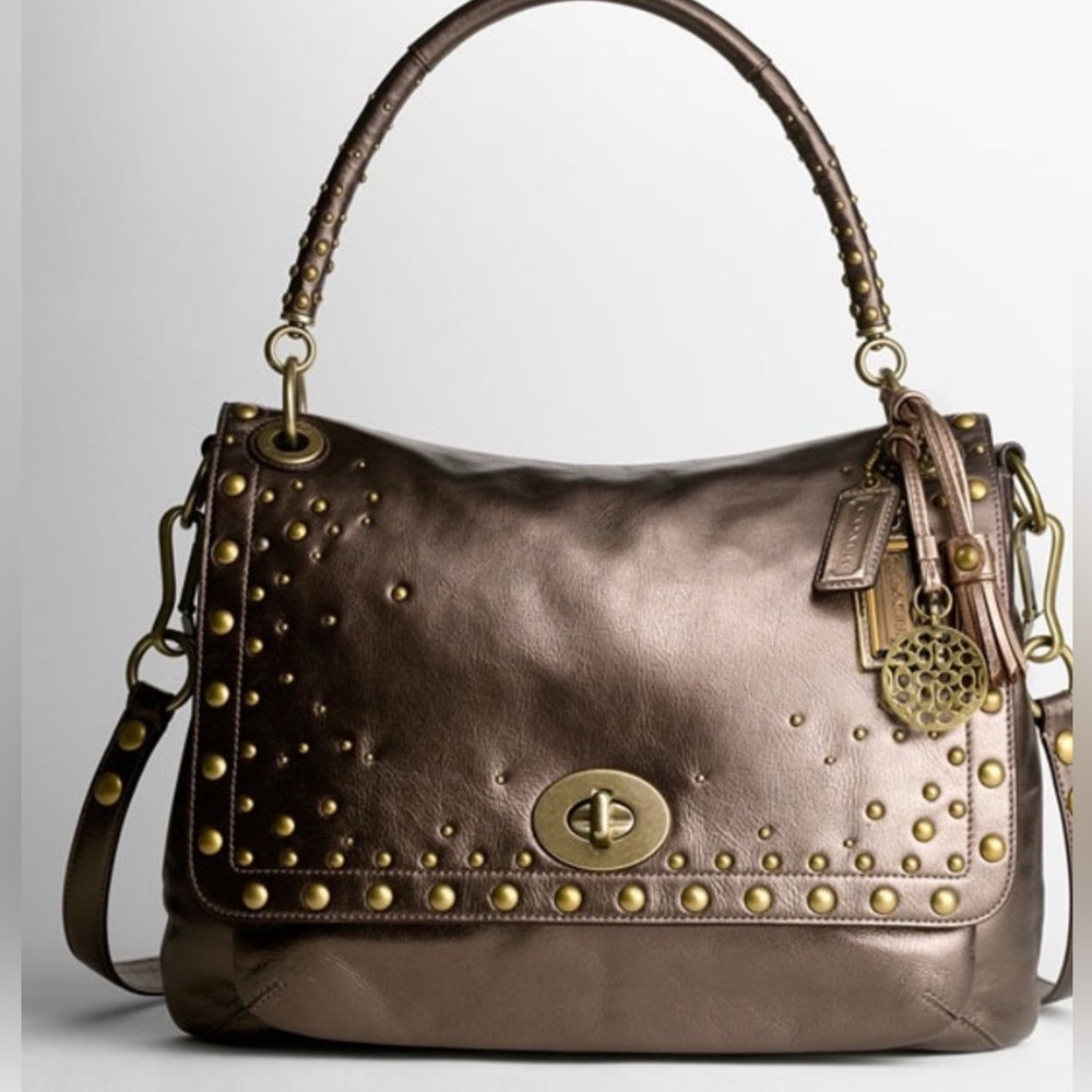 Coach Gold Leather Studded Shoulder Bag with Brass Hardware